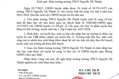 Trường THCS Nguyễn Tất Thành thông báo tuyển sinh bổ sung vào lớp 6 năm học 2023 -2024