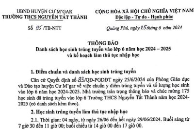 Danh sách trúng tuyển lớp 6 – Năm học 2024 – 2025 của trường THCS Nguyễn Tất Thành