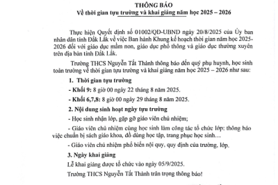 Thông báo về thời gian tựu trường và khai giảng năm học 2025 – 2026
